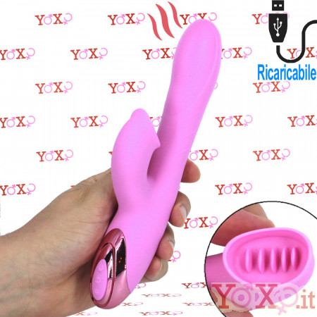 Vibratore Rabbit Rosa in Silicone Riscaldante ed Effetto Lingua 21 x 3,5 cm.