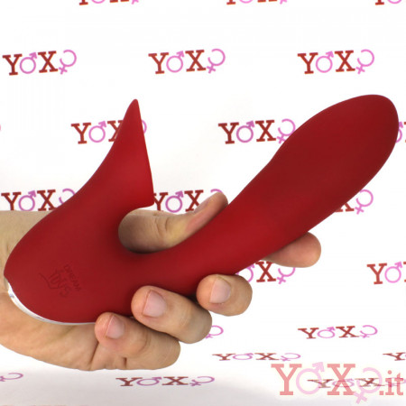 Vibratore rabbit in silicone rosso con lingua lecca clitoride 20 x 4 cm.