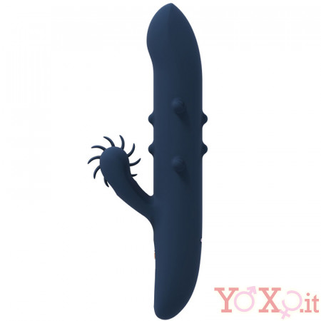 Vibratore rabbit in silicone blu scuro con rotella lecca clitoride 23,5 x 3,7 cm.