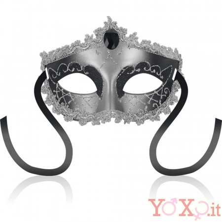 Mascherina Rigida in Stile Veneziano Black Diamond con Lacci in Raso