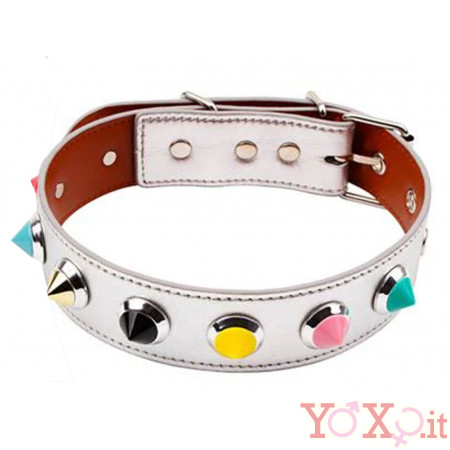 Collare in Ecopelle Bianco con Borchie in Metallo Colorate