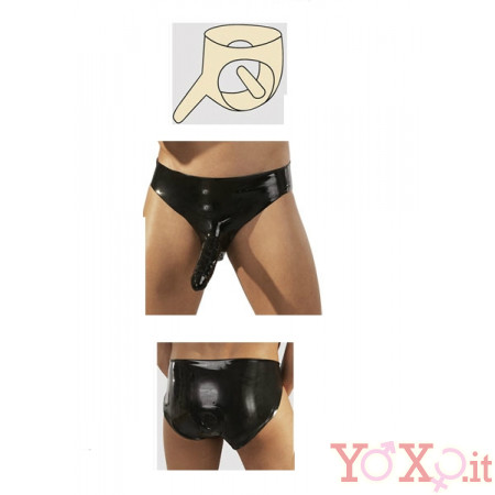 StrapOn Slip Uomo In Latex Nero Con Guaina Fallica E Fallo Anale Interno