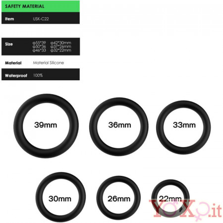 Cockring Set di 6 Anelli in Silicone Nero