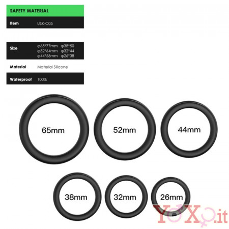 Cockring Set di 6 Anelli in Silicone Nero