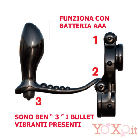 Anello per Pene e Testicoli e Cuneo Anale Connesso - 3 Bullet Vibranti Incorporati