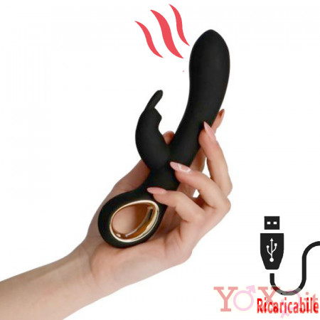 Vibratore Rabbit Riscaldante con Motore Doppio Ricaricabile USB in Silicone Nero 19 x 3,3 cm.