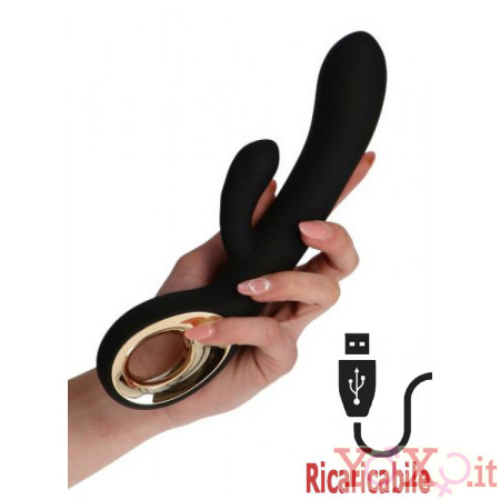 Vibratore Rabbit Nero con Motore Doppio Ricaricabile USB in Silicone 24 x 3,6 cm.