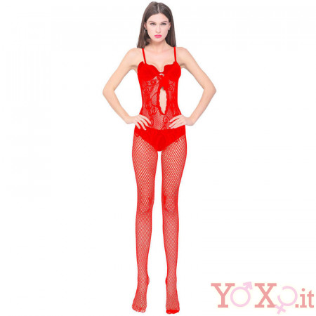 Tuta Sexy a Rete con Aperture mod. 040R Rossa - Taglia unica elasticizzata (Tg.36-48)