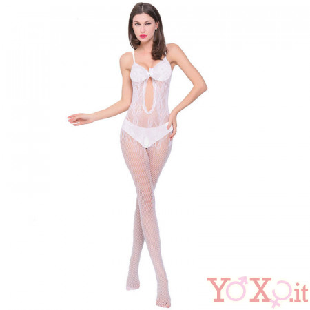 Tuta Sexy a Rete con Aperture mod. 040W Bianca - Taglia unica elasticizzata (Tg.36-48)