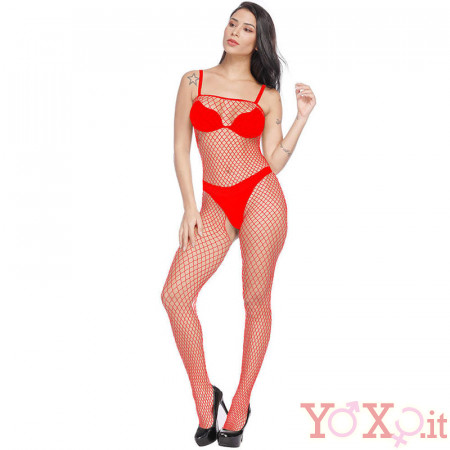Tuta Sexy a Rete con Aperture mod. 115R Rossa - Taglia unica elasticizzata (Tg.36-48)