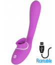 Vibratore e lingua lecca clitoride 2 in 1 in silicone lilla ricaricabile  USB 22,3 x 3,4 cm.