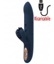 Vibratore rabbit in silicone blu scuro con rotella lecca clitoride 23,5 x 3,7 cm.