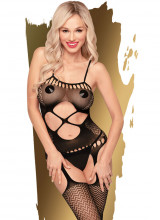 Bodystocking a Trama Zig Zag con Apertura a Quadrifoglio ed Effetto Reggi Calze Nero - Nightfall