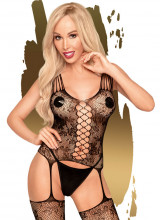 Bodystocking con Ricami in Pizzo ed Effetto Reggi Calze Nero - Love Night