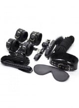 Kit BDSM Nero in Pelle Completo con Frusta Manette Cavigliere Maschera Collare Cinghie e Gagball