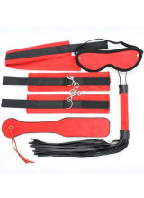 Kit BDSM Rosso Completo con Frusta Manette Maschera Collare e Sculacciatore