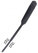 Sonda dilatatore uretra flessibile vibrante in silicone nero con rilievi stimolanti 21 x 0,6 cm.