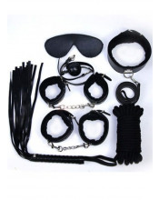 Omaggio Kit BDSM Nero Completo con Frusta Manette Cavigliere Maschera Collare Corda e Gagball