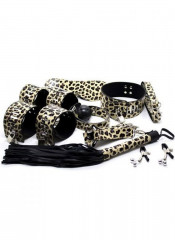 Kit BDSM Leopardato Completo con Frusta Manette Cavigliere Maschera Collare Pinze per Capezzoli e Gagball