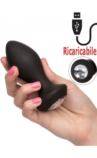 Yoxo Sexy Shop - Cuneo Anale in Puro Silicone Nero con Gemma e Vibrazione Ricaricabile USB 10,5 x 3 cm.
