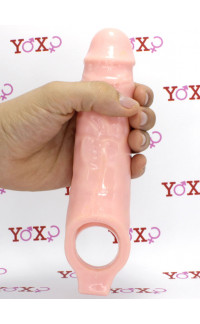 Yoxo Sexy Shop - Guaina stimolante allunga pene +2,5 cm. con anello testicoli color carne 16 x 4,7 cm.