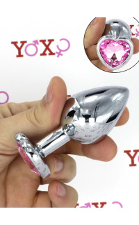 Yoxo Sexy Shop - Cuneo Anale in Alluminio con Gemma a Forma di Cuore Tipo Diamante Rosa 8,2 x 3,4 cm.