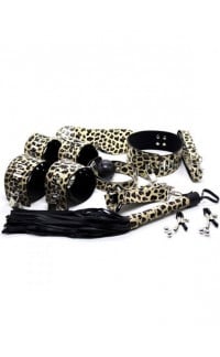 Yoxo Sexy Shop - Kit BDSM Leopardato Completo con Frusta Manette Cavigliere Maschera Collare Pinze per Capezzoli e Gagball