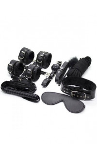 Yoxo Sexy Shop - Kit BDSM Nero in Pelle Completo con Frusta Manette Cavigliere Maschera Collare Cinghie e Gagball