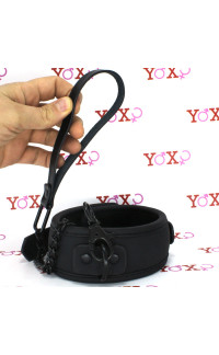 Yoxo Sexy Shop - Collare e guinzaglio nero in ecopelle con catena in metallo nero