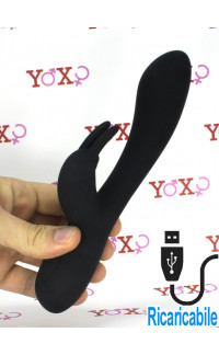 Yoxo Sexy Shop - Vibratore rabbit in silicone nero ricaricabile USB 19,4 x 3,3 cm.
