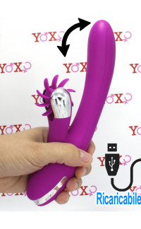 Yoxo Sexy Shop - Vibratore rabbit in silicone viola ricaricabile con USB con rotella lecca clitoride e movimento simula dito 24 x 3,5 cm.