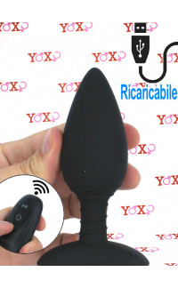 Yoxo Sexy Shop - Cuneo Anale Vibrante in Silicone con Spirale sul Gambo 12 x 4 cm. con Telecomando Ricaricabile con USB Nero