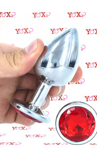 Yoxo Sexy Shop - Rubby L - Cuneo Anale con Gemma Rossa 9,5 x 4 cm. in Alluminio color Argento