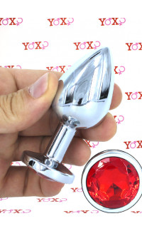 Yoxo Sexy Shop - Rubby M - Cuneo Anale con Gemma Rossa 8,2 x 3,4 cm. in Alluminio color Argento