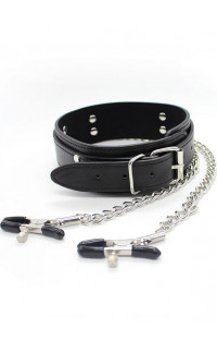 Yoxo Sexy Shop - Collare in ecopelle nero con anello e pinze per capezzoli