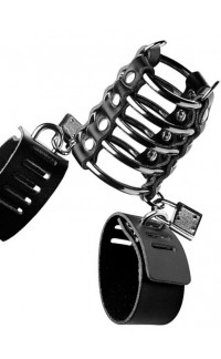 Yoxo Sexy Shop - Cintura di castità a 5 anelli in metallo con strizza testicoli in cuoio