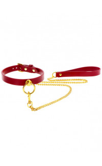 Yoxo Sexy Shop - Collare in Ecopelle e Guinzaglio con Catena in Metallo. Rosso e Oro