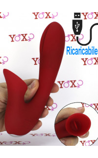 Yoxo Sexy Shop - Vibratore rabbit in silicone rosso con lingua lecca clitoride 20 x 4 cm.