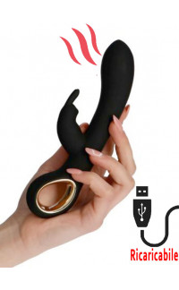 Yoxo Sexy Shop - Vibratore Rabbit Riscaldante con Motore Doppio Ricaricabile USB in Silicone Nero 19 x 3,3 cm.