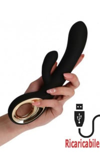 Yoxo Sexy Shop - Vibratore Rabbit Nero con Motore Doppio Ricaricabile USB in Silicone 24 x 3,6 cm.