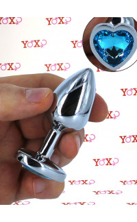 Yoxo Sexy Shop - Cuneo Anale in Alluminio con Gemma a Forma di Cuore Azzurro 7,1 x 2,8 cm. Argento