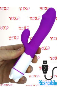 Yoxo Sexy Shop - Ellys - Vibratore Rabbit in Silicone con 36 Vibrazioni 20 x 3,5 cm. Ricaricabile con USB Fucsia