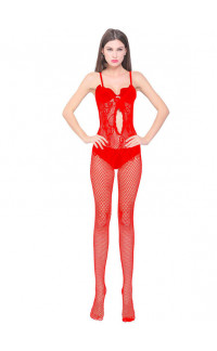 Yoxo Sexy Shop - Tuta Sexy a Rete con Aperture mod. 040R Rossa - Taglia unica elasticizzata (Tg.36-48)
